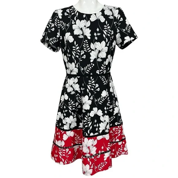 Taylor Neiman Marcus Black and Red Floral Print Fit and Flare Dress Size 10 - Picture 1 of 14